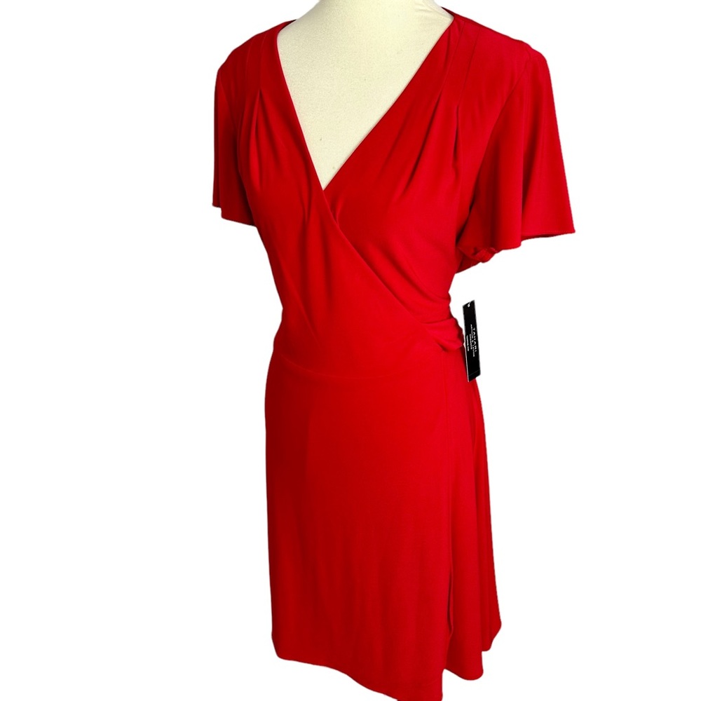 NWT Tahari red faux wrap dress A-line flutter sleeve midi dress